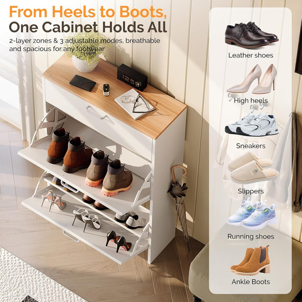 Shoe Cabinet Storage Ultra Slim with 2 Flip &1Drop-Down Drawers, 24.8" W Narrow Shoe Cabinet for Front Door