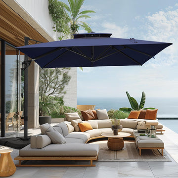 12ft Cantilever Patio Umbrella with Base, Large Rectangular Umbrellas with 360-degree Rotation