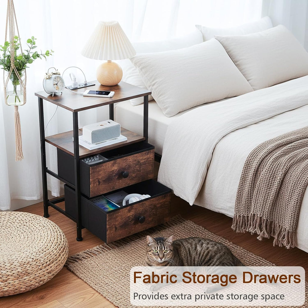 Nightstands Set of 2, Night Stand with Charging Station, End Tables with Storage Shelf , Bedside Table with 2 Fabric