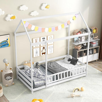 Twin Size Floor House Bed, Wooden Montessori Bed with Roof & Full-Length Safety Guardrail, Floor Playhouse Bed Frame
