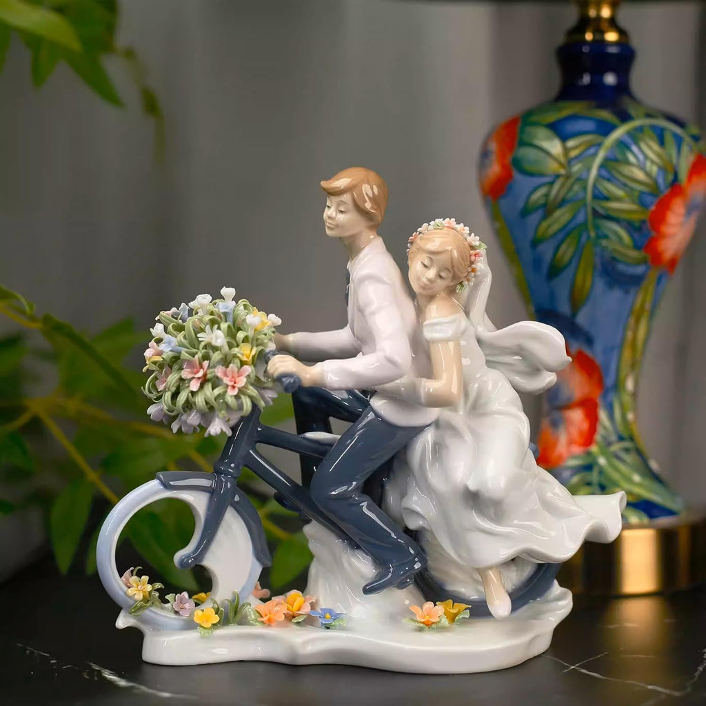 Porcelain Figurine, Lovers on Bicycle, Memorabilia, Wedding Gifts, Statue Home Decor (No Flower Base)