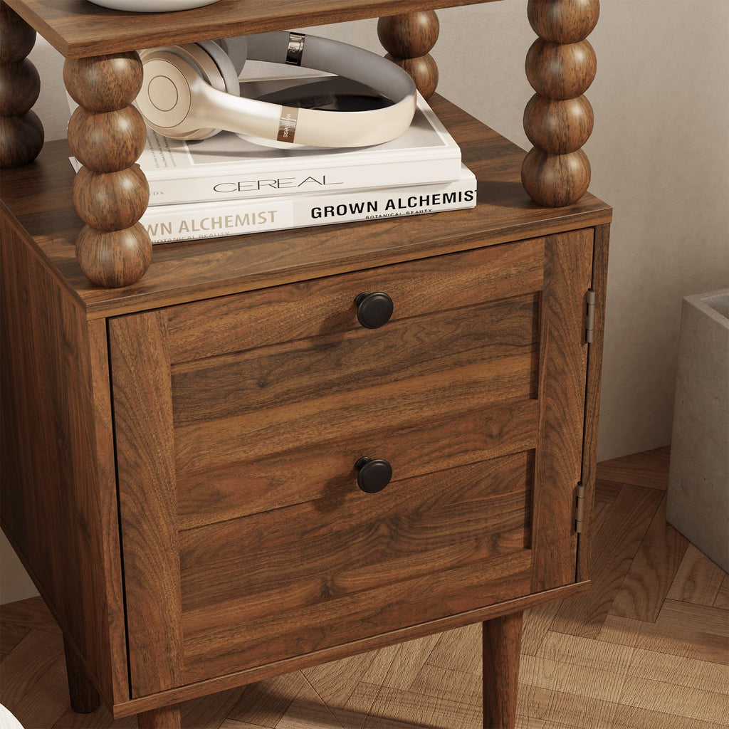 Nightstand, Retro Bedside Table with Storage Drawer, Dark Walnut