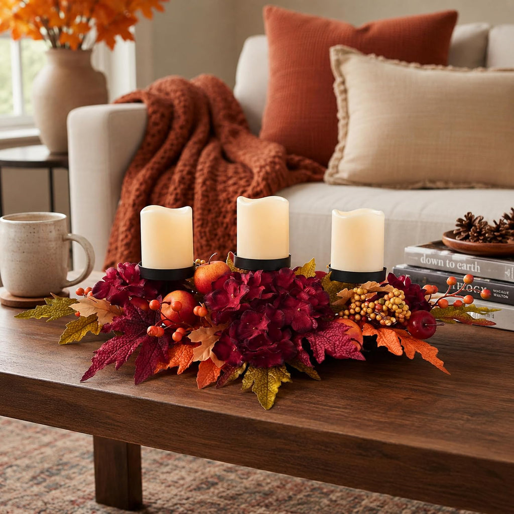 26 Inch Fall Candle Holder Centerpiece with Hydrangea and Apples
