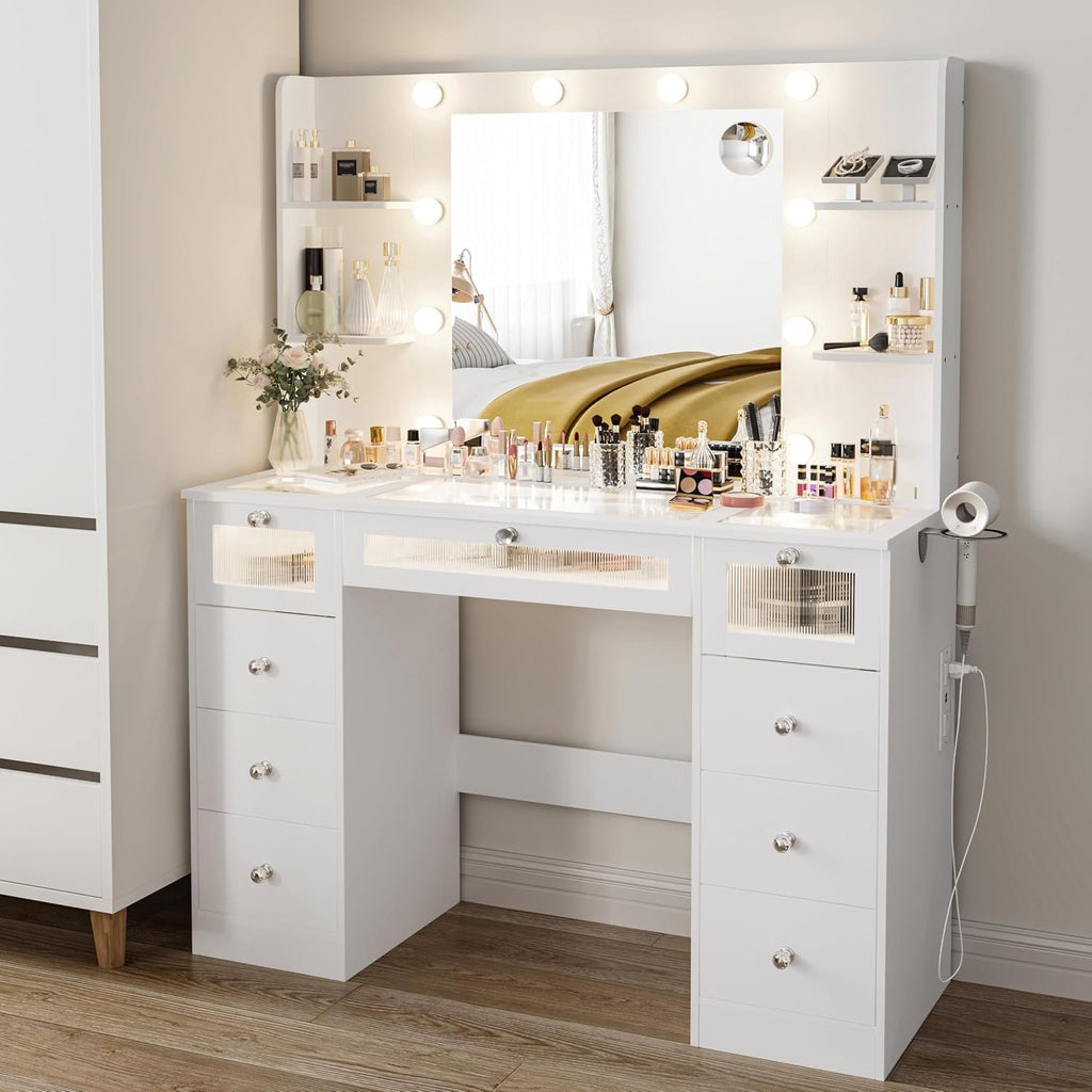 White Vanity with Lighted 23.5" Mirror, Glass Top Vanity 9 Drawers | Makeup Vanity Desk with 3 Color Hollywood Bulbs