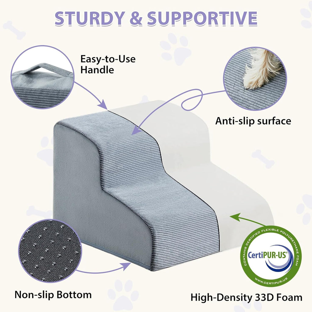 Dog Stairs for Small Dogs, 2-Steps Dog Ramp for Couch, Pet Stairs with Highly Supportive Foam and Non-Slip Bottom