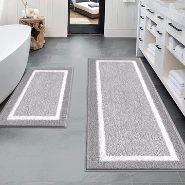 Bathroom Rugs Sets 2 Piece, Non Slip Washable Bath Mat, Light Grey | Soft Plush Microfiber, Super Absorbent Floor