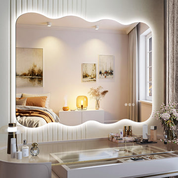 40"x32" Wavy Mirror with Lights Frameless Backlit LED Wall Mirror