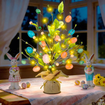 Easter Decorations, 18 Inch Easter Egg Tree with Timer Fairy Lights Colorful Egg Adjustable Branches Mini Tabletop