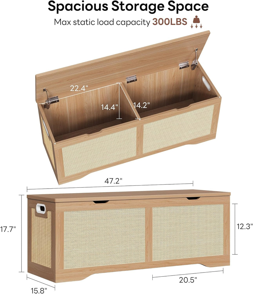 47.2" Rattan Storage Ottoman Bench Chest, Rustic Wood | Vintage brown rattan and wood frame; 330 lb support and 47.2
