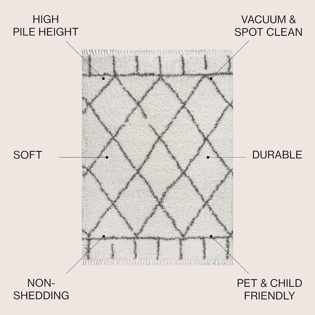 Mercer Shag Plush Tassel Ivory/Gray Indoor Area Rug, Moroccan Geometric Trellis, Easy-Cleaning