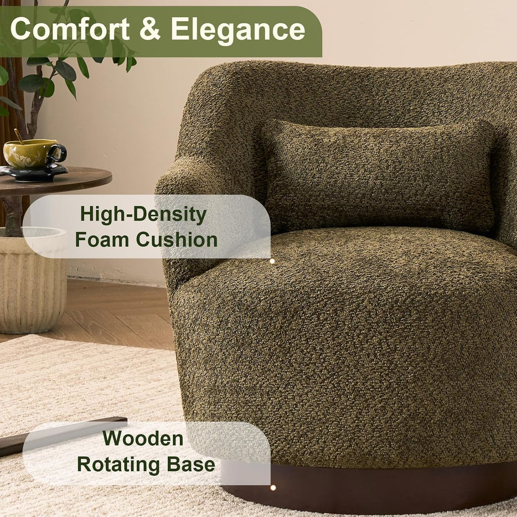 Swivel Accent Chair with Pillow, Solid Wood Base, Olive Green | 360°Swivel Accent Chair, Swivel Barrel Chair, Modern