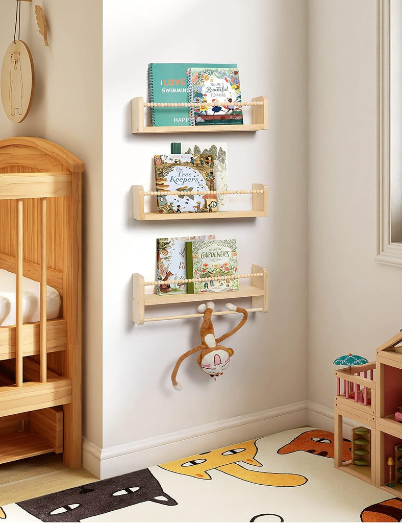 Nursery Shelves for Wall Set of 3, Natural Wood Floating Shelves | Kids Bookshelf with Towel Bar, Wall Mounted