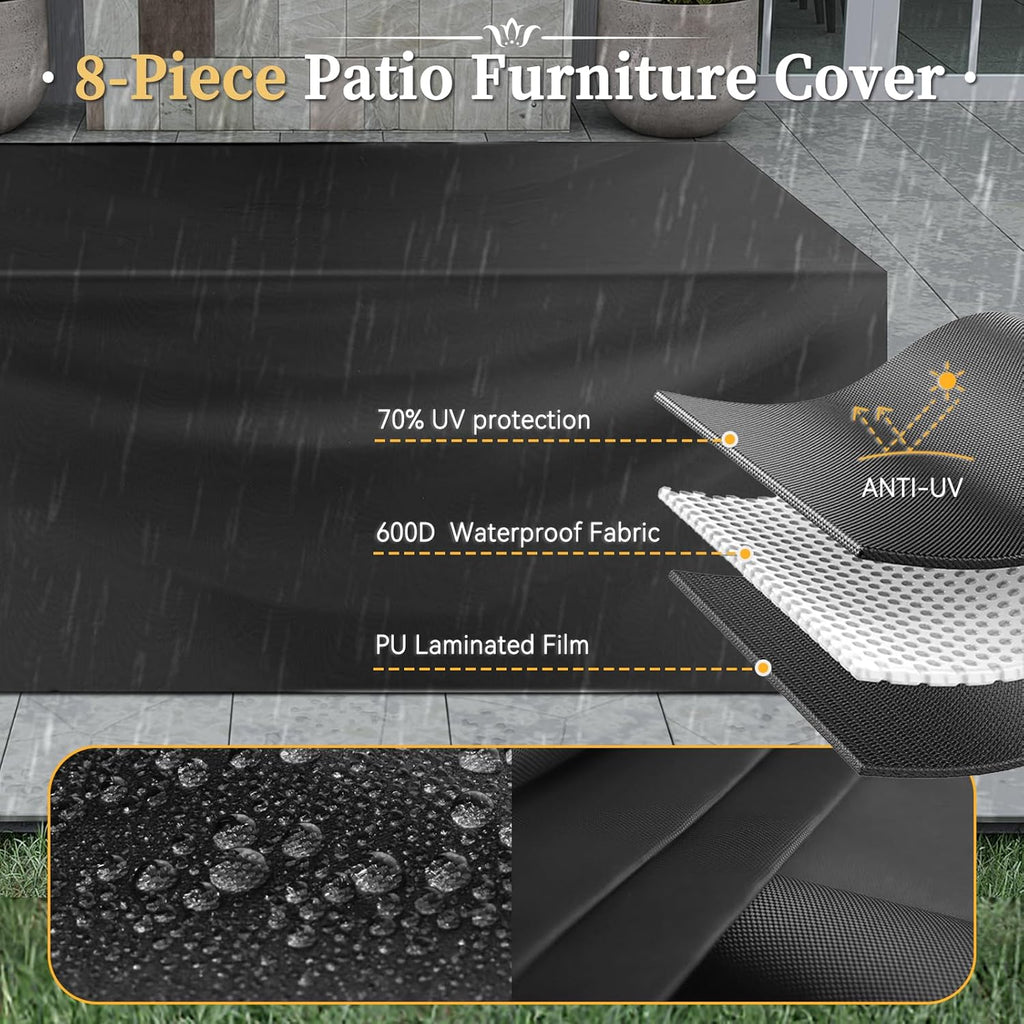 8 Piece Patio Furniture Set with 44” Fire Pit Table Wicker Rattan Outdoor Sectional Sofa Set with Coffee Table