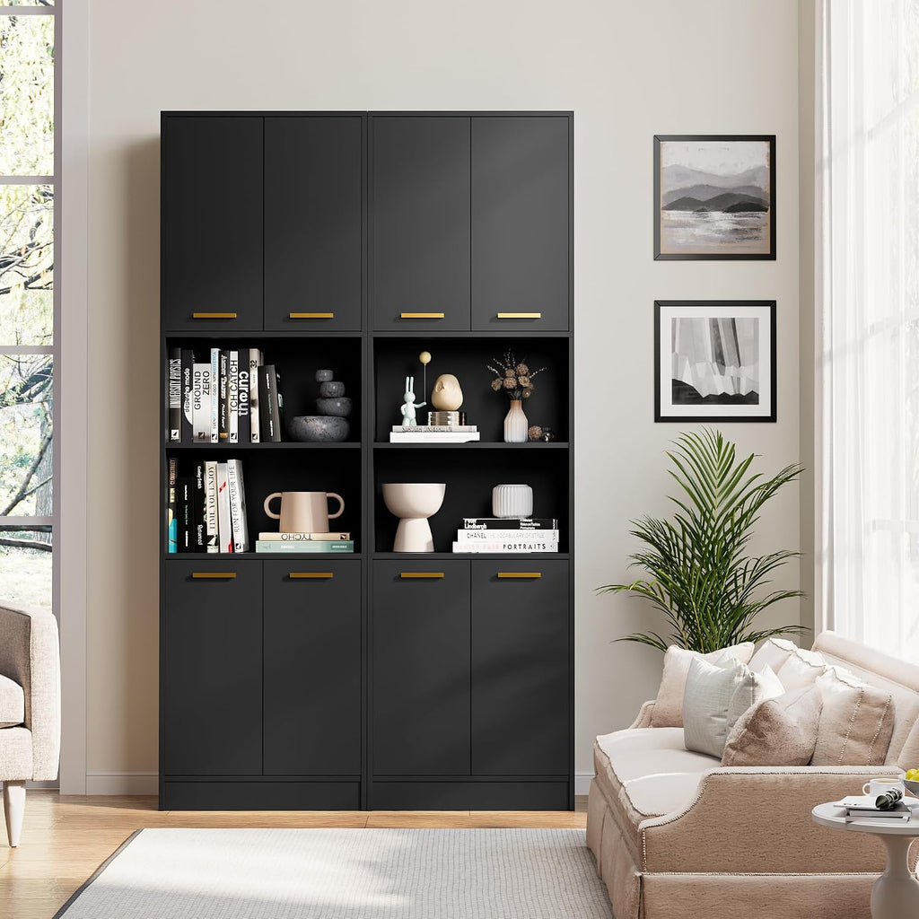Kitchen Pantry Cabinet, 75" Tall Wood Storage Cabinet with Doors and Shelves, 4 Doors Open Countertop Utility Hutch