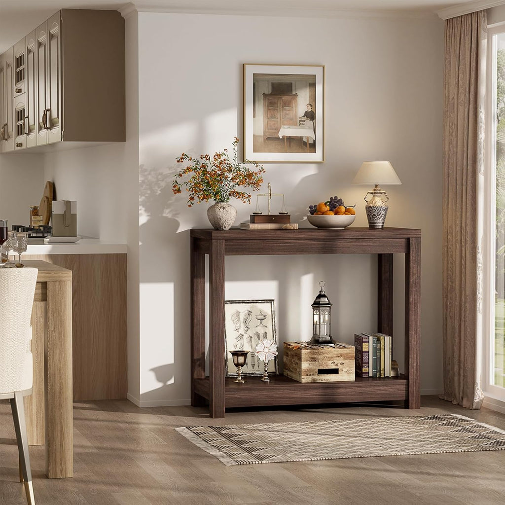 Small Farmhouse Wood Entryway Table Narrow Console Table with Storage Behind Couch Sofa Table with Shelves Entry Way