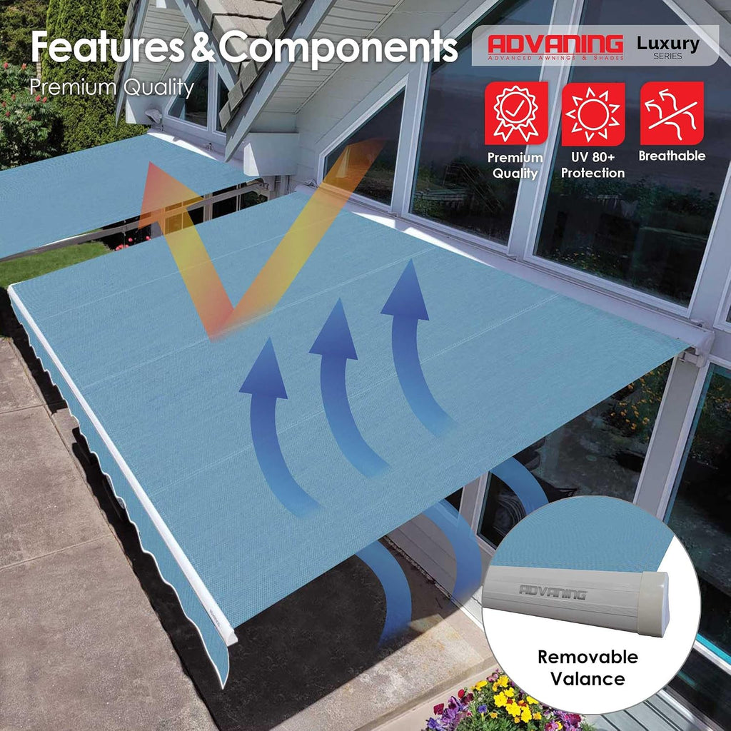 Luxury Series, 16'x10' Electric Retractable Awning, Premium Quality Fully Assembled UV+ Sun Shade Canopy, Cerulean
