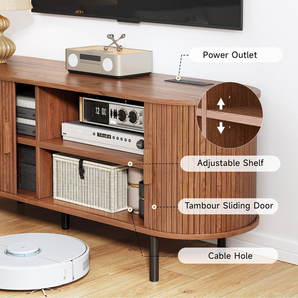 55" TV Stand with Power Outlet, Mid-Century Modern Television Stand, Fluted Media Console with Sliding Doors