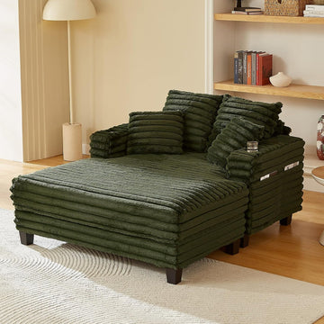 64" Oversized Chaise Lounge Chair with Wood Frame, 2 Cup Holders | 4 Storage Pockets, Plush Corduroy Fabric