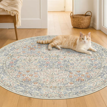 Beige Blue Round Nursery Rug 5ft - Pastel Circular 5x5 Rug for Kids Room, Living Room, Bedroom, Playroom, Home