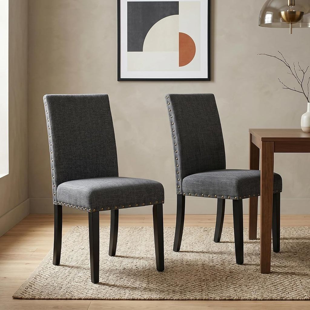 Gray Fabric Dining Chairs with Nailhead Trim, Pack of 2
