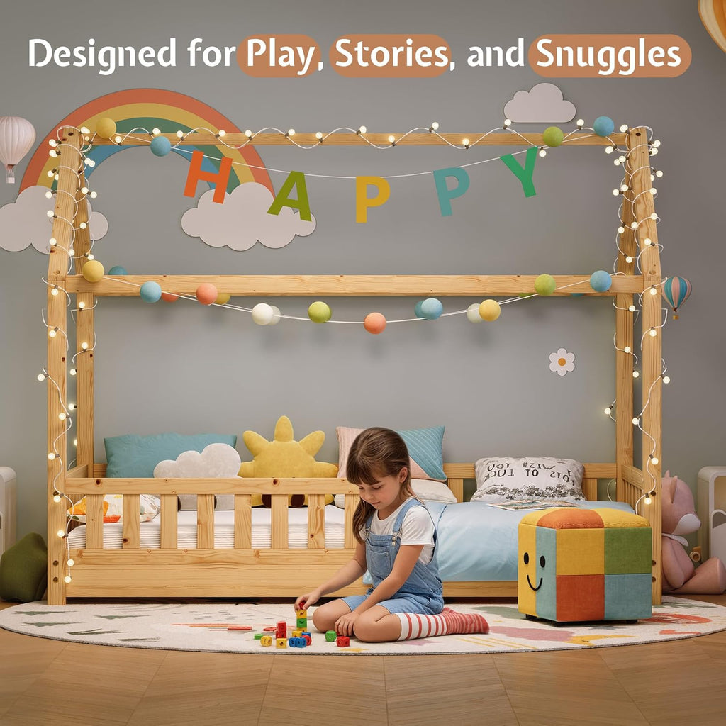 Twin Size House Bed for Kids with Guardrails, Natural Wood | 100% Solid Wood Construction, Removable Rails, Full
