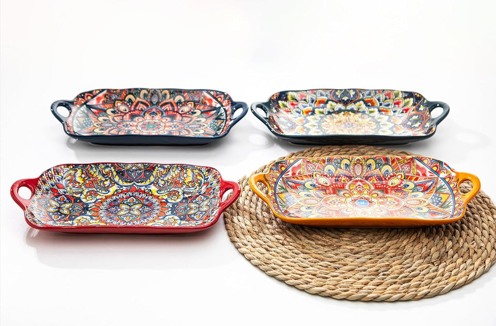 Boho Ceramic Serving Platters with Handles Set of 4, 12Inch Large Serving Dishes for Entertaining, Colorful Cute