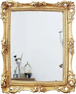 Vintage 11 x 9.5 Inch Decorative Mirror, Wall Mounted & Tabletop Makeup Mirror ，Square Antique Gold