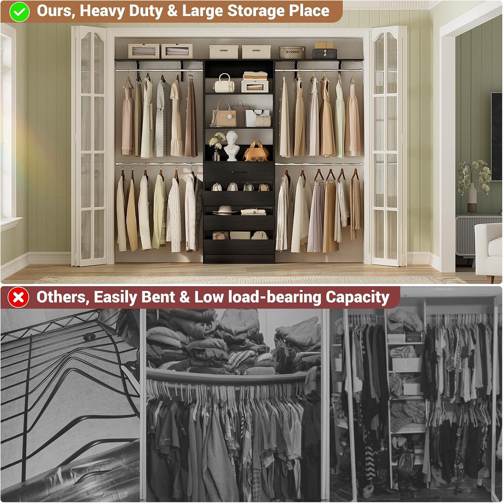 Closet System with 4 Drawers, 8FT Wood Closet Organizer System, 96'' Walk-in Closet Wardrobe with Tower, 4 Hang Rods