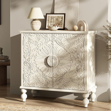 Buffet Cabinet with Storage, Accent Cabinet with 2 Carved Doors, Solid Wood Sideboard with Adjustable Shelf, Vintage