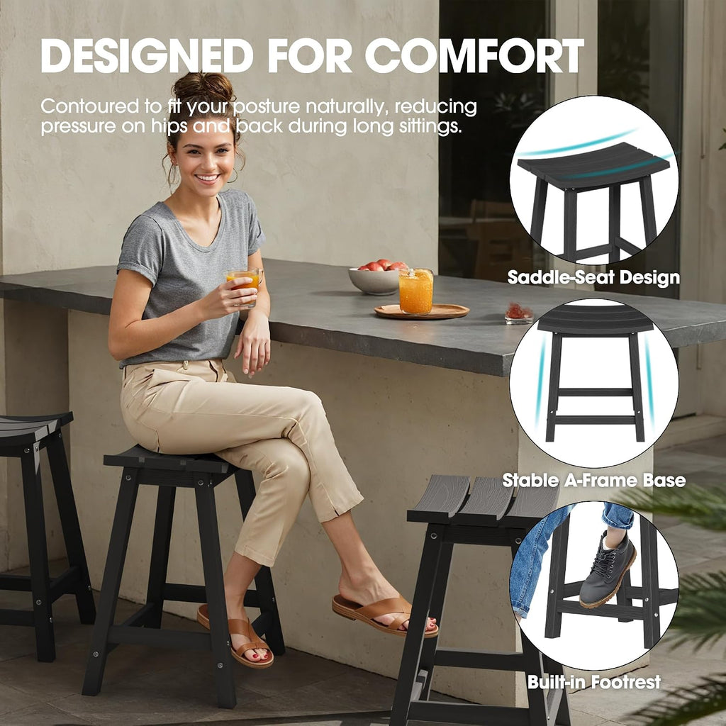 2 Set 24" Outdoor Bar Stools Heavy Duty HDPE Counter Height Bar Stools Weatherproof Patio Seats Modern Waterproof