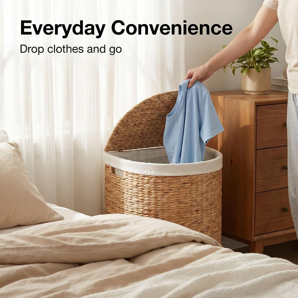 TM Water Hyacinth Laundry Hamper with Lid Stylish Half Moon Basket | Removable Liner and Lid, Handwoven, With