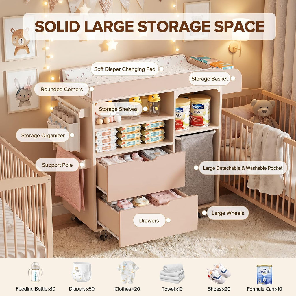 Baby Changing Table, Solid Wood, Drawers & Storage, Rolling, Waterproof Pad | Solid wood frame for durability