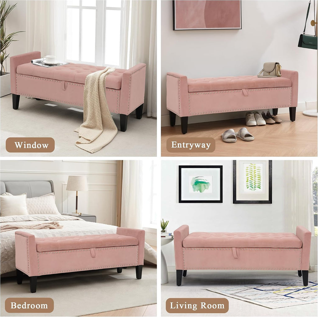 Velvet Ottoman with Storage, 46'' Upholstered Button Tufted End of Bed Bench with Arms, Modern Storage Bench , Pink