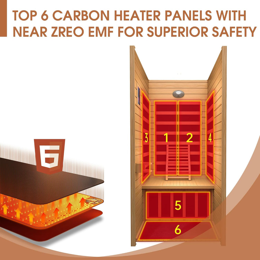 Far Infrared Sauna, Low EMF 1 Person Sauna, Indoor Canadian Hemlock Wood Home Dry Saunas Room with 1400W