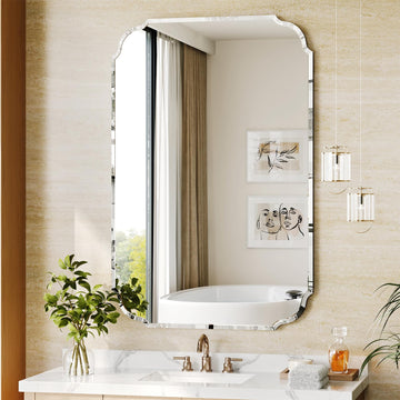 Beveled Scalloped Frameless Bathroom Mirror, 24" x 36" Beveled Bathroom Mirrors with Rectangle Shaped, Frameless