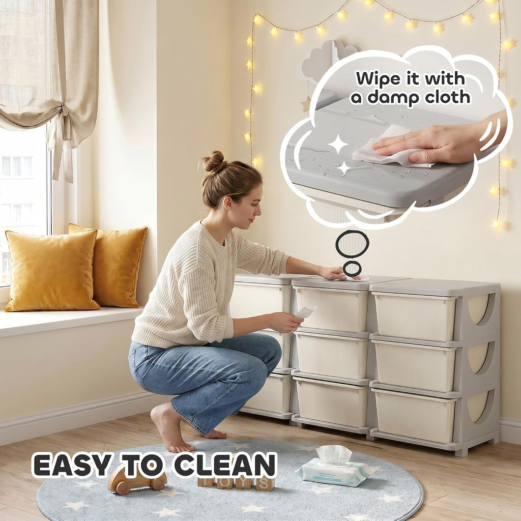 9 Drawers Kids Storage Unit 3 Tier Toy Organizers Cream White | Stackable Storage Chest, Bedroom, Nursery, Playroom