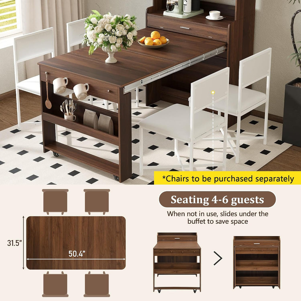 69 Inch Buffet with Hutch and Foldable Dining Table, Walnut | Walnut finish, MDF, dining room or apartment, foldable