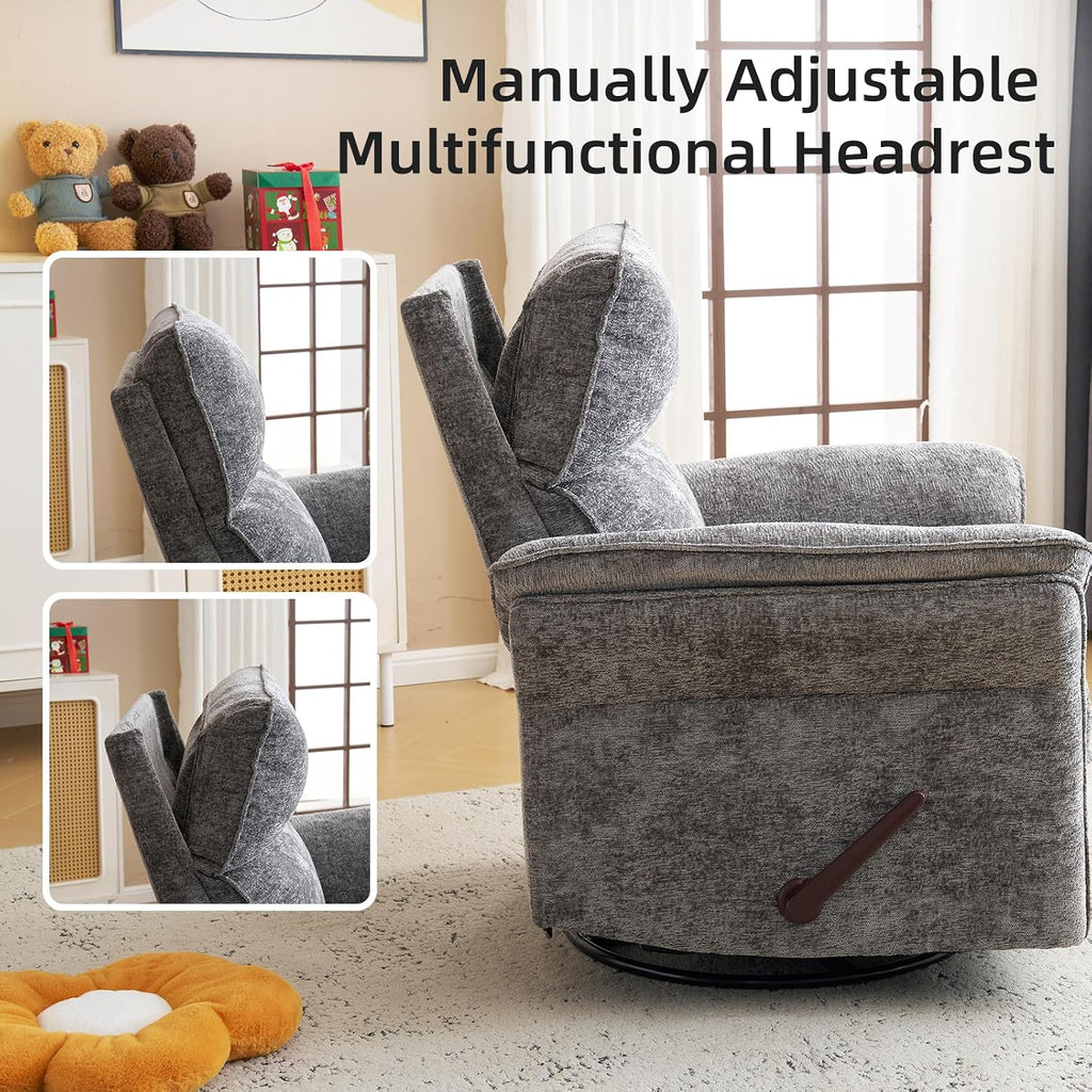 Oversized Glider Rocker Recliner, 24" Extra Wide 360° Swivel Nursery Recliner with Adjustable Headrest, Chenille