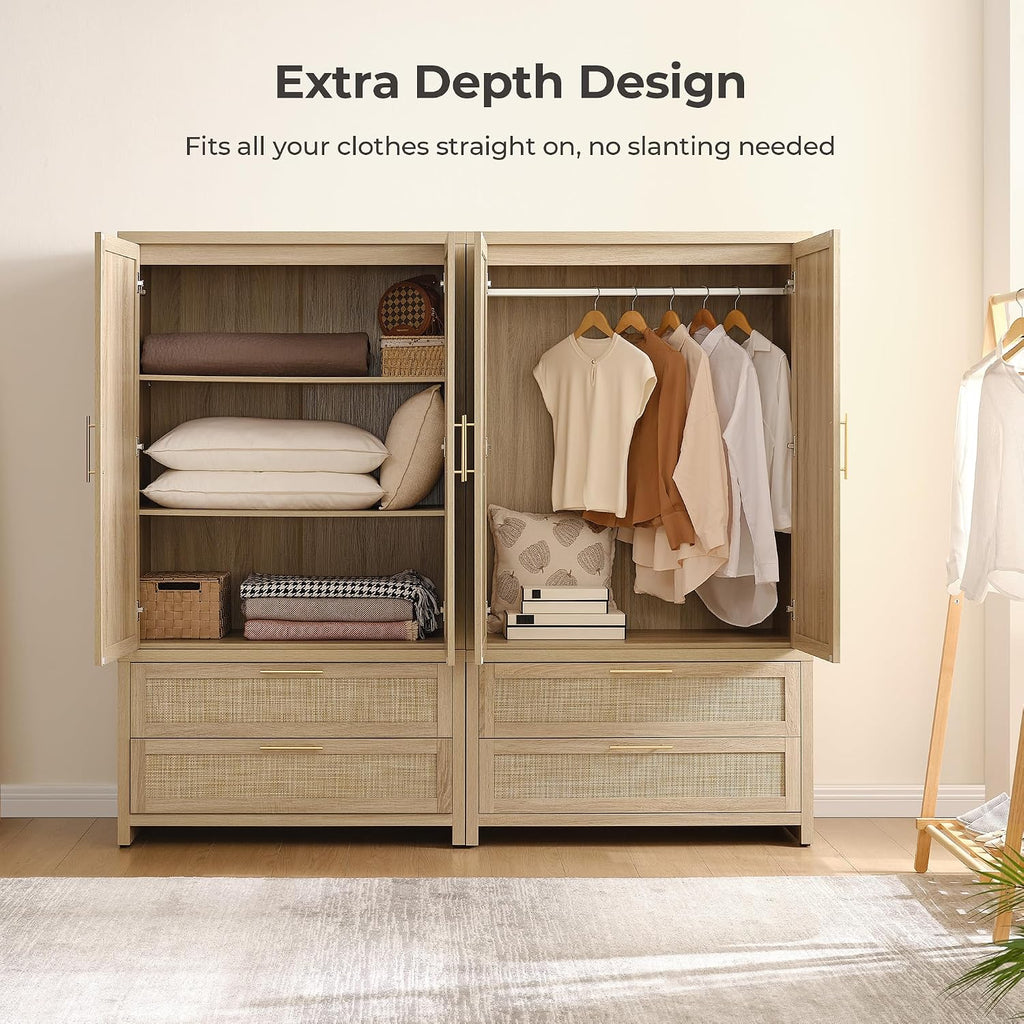 71 inch Rattan Wardrobe Closet : Armoire Wardrobe with Drawers | Farmhouse Boho Storage Cabinet with Hanging Rod