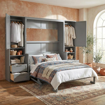 Queen Murphy Bed with Desk, Multifunctional Foldable Wall Bed with Closet, Drawers and Shelves, Space-Saving Wood