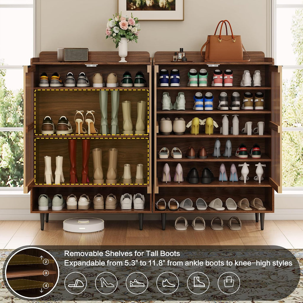 Shoe Cabinet with 2 Doors , 21 Pairs Wooden Shoe Storage Cabinet with Adjustable Shelves, Farmhouse Hidden Shoe