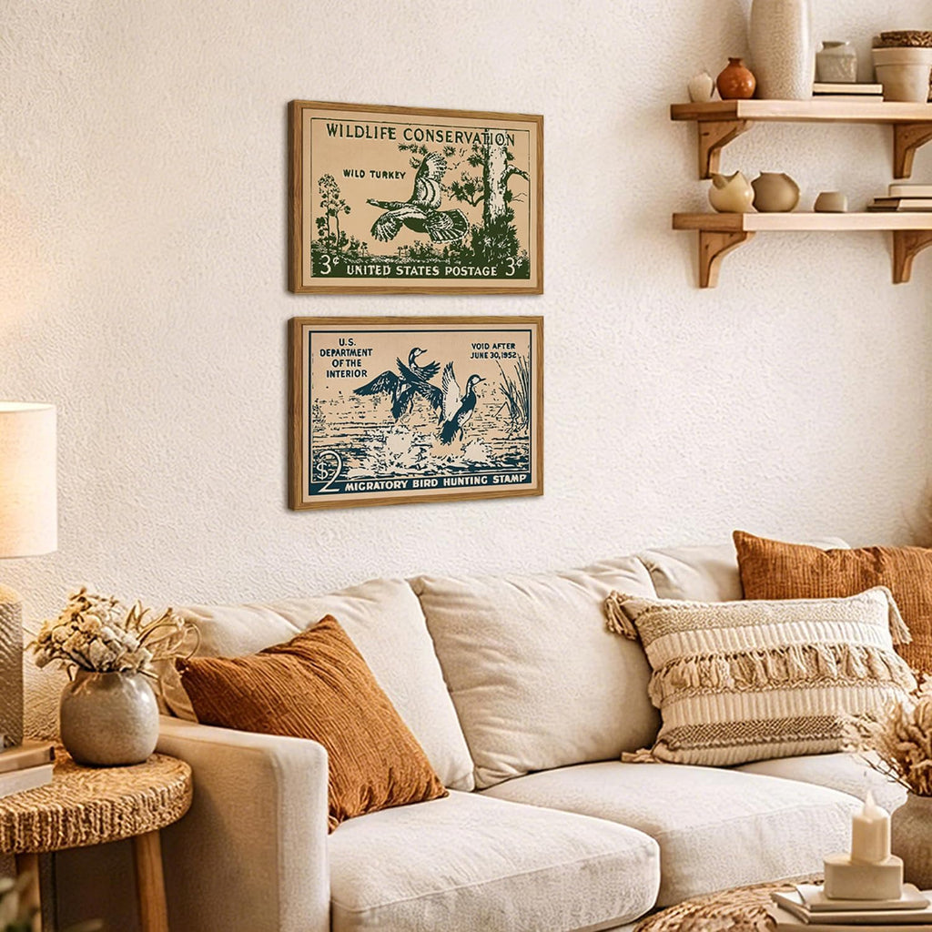 Framed Vintage Wildlife Stamp Wall Art Set of 2, Retro Conservation Duck and Wild Turkey Pictures Wall Decor, Rustic