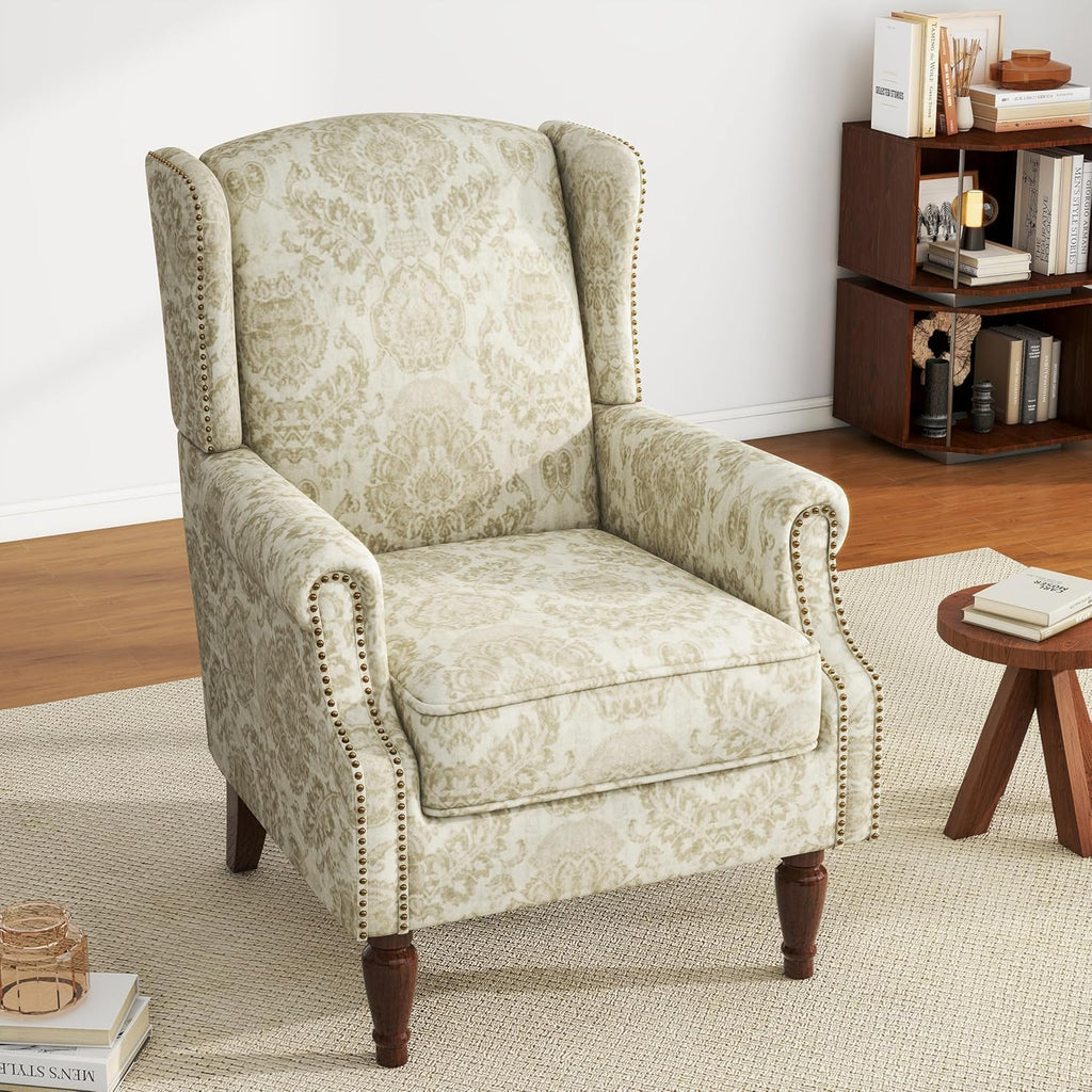 Floral Wingback Accent Chair, Fabric Upholstered High Back Armchair | Printed Reading Seat with Wooden Legs &