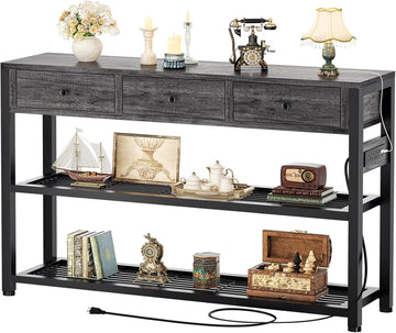 47'' Entryway Table with Outlets and USB Ports, Console Table with 3 Drawers, Sofa Table Narrow Long with Storage