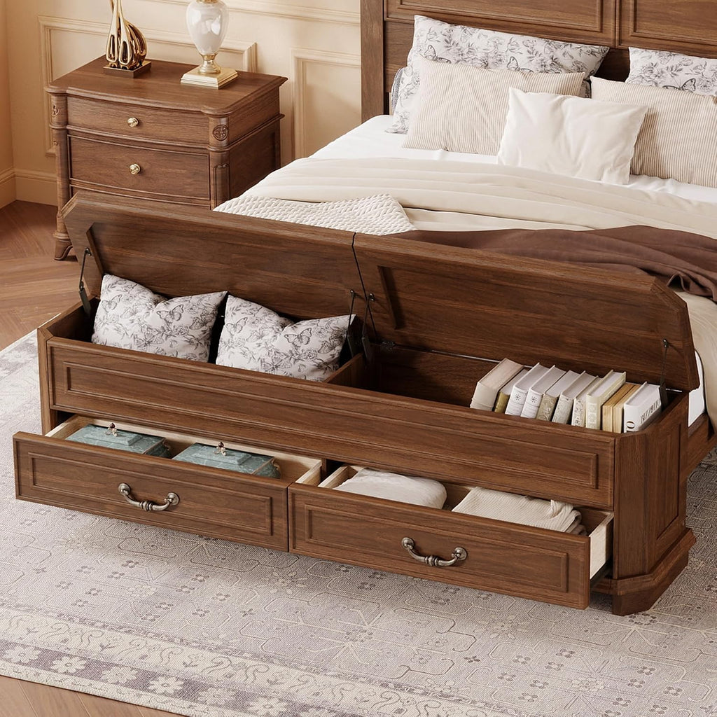 Queen Farmhouse Style Bed Frame with Storage Bench, 2 Drawers & Lift-Top Compartments, Solid Wood Platform Bed with