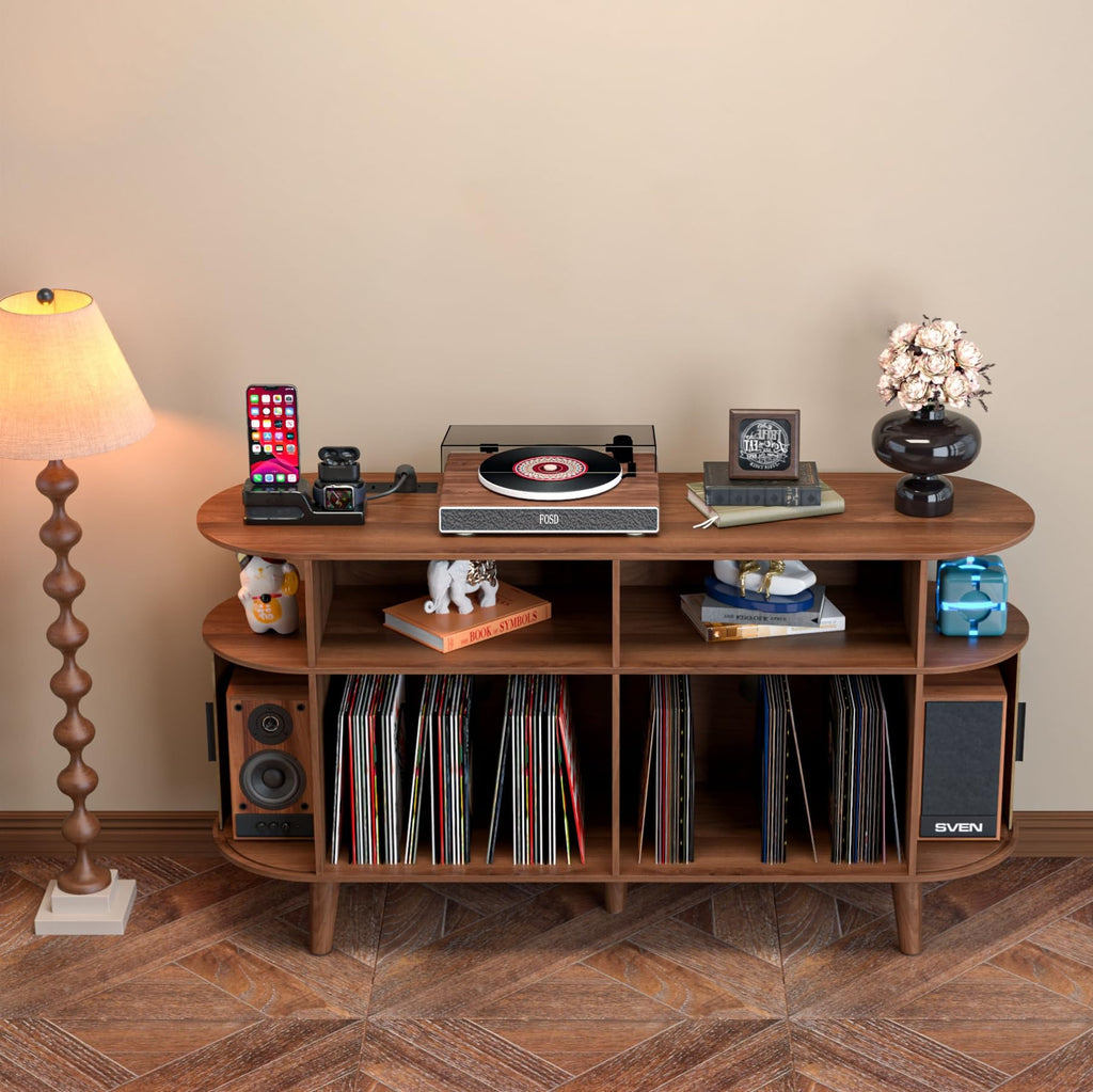 Large Round Record Player Stand with Charging Station & USB Ports