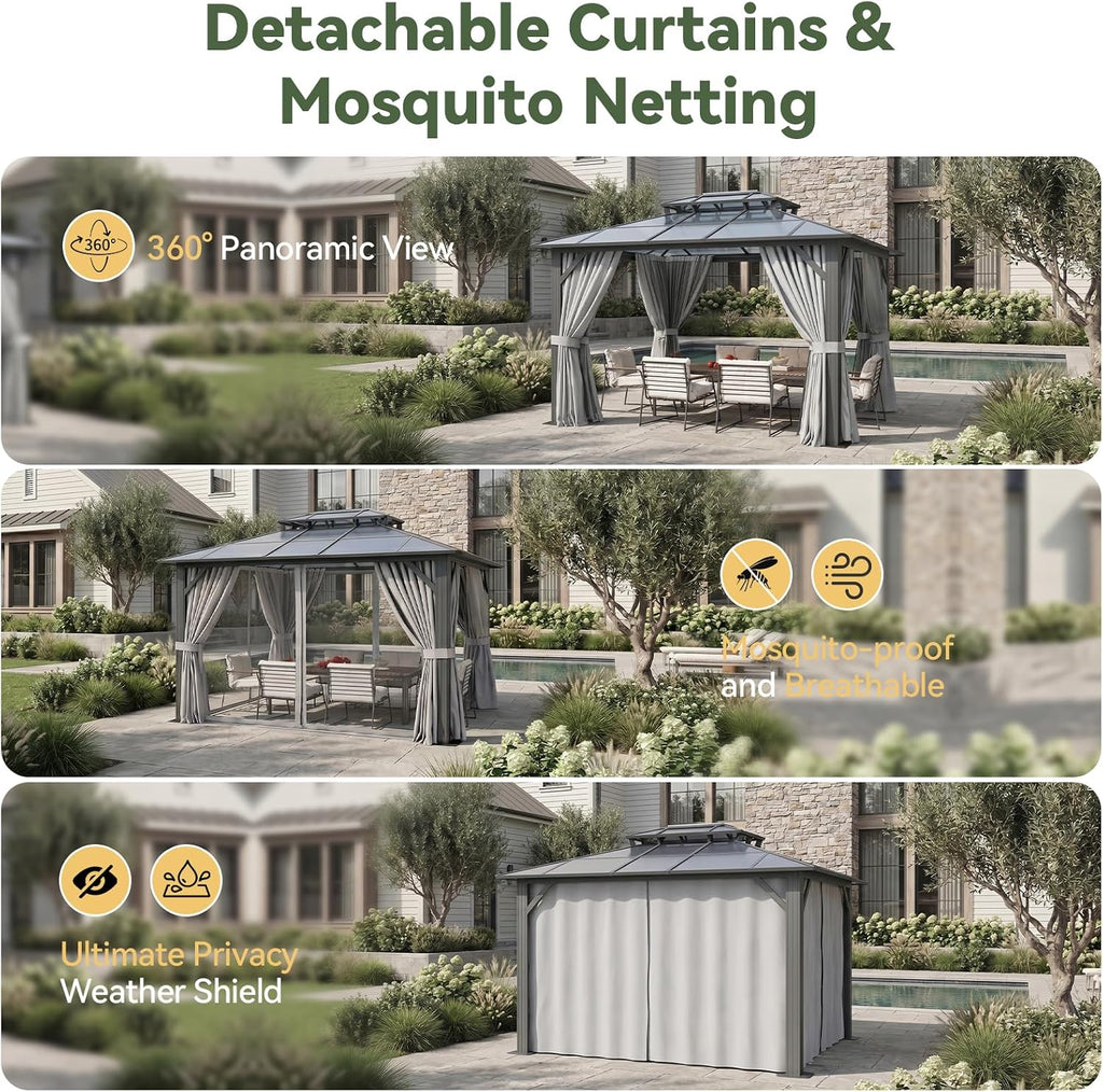 10'x12' Hardtop Gazebo Outdoor Permanent Gazebo with Double Polycarbonate Roof Canopy