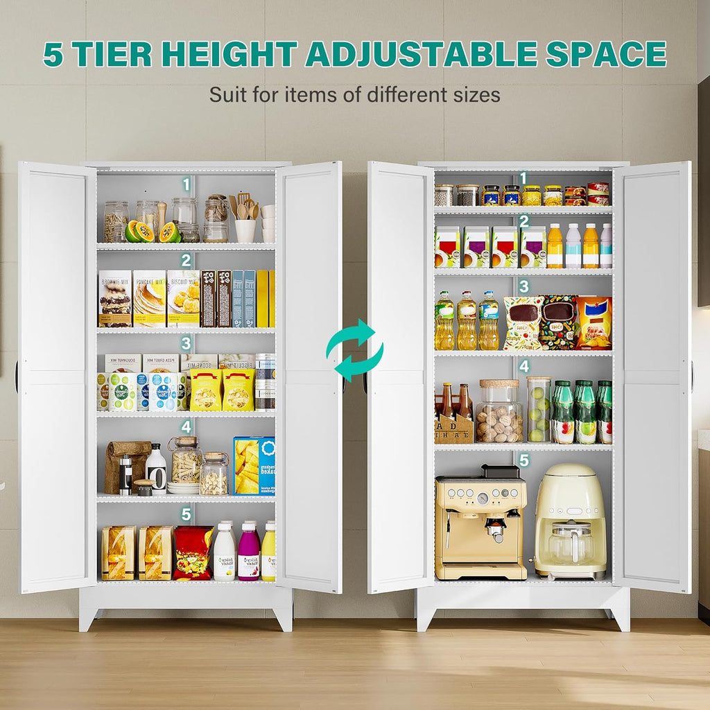 75" Tall Pantry Cabinet,Farmhouse Kitchen Pantry Storage Cabinets with 2 Doors and 5 Shelves,White Metal Storage