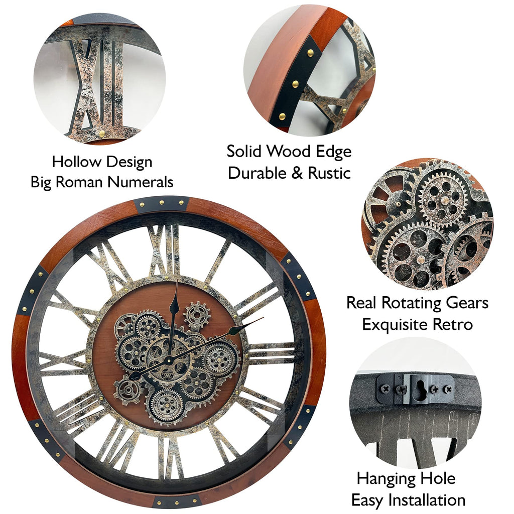 27" Original Moving Gears Wall Clock, Large Industrial Wall Clock Decor, Retro Metal Wood Vintage Farmhouse Steampunk