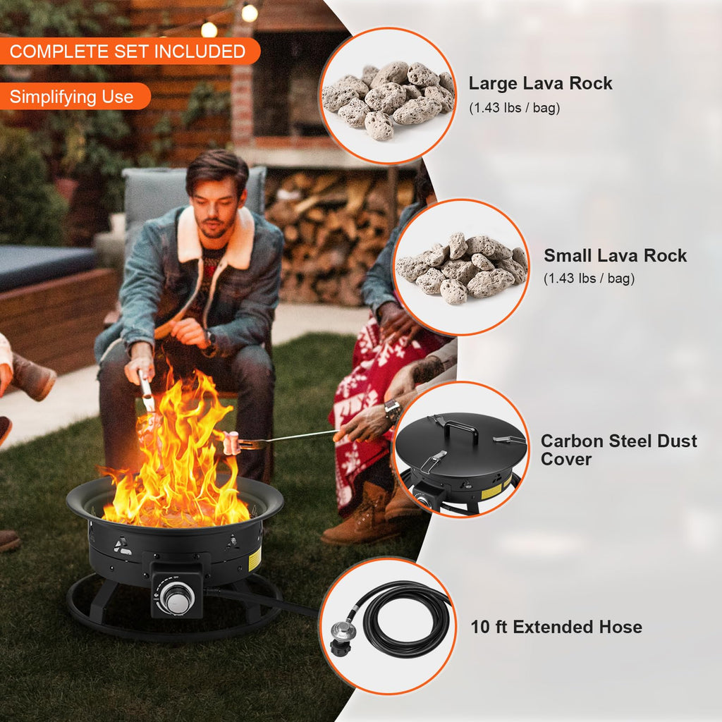 Propane Fire Pit, 19-Inch Diameter Outdoor Portable Gas Fire Pit with Cover & Lava Rocks, Adjustable Flame Height